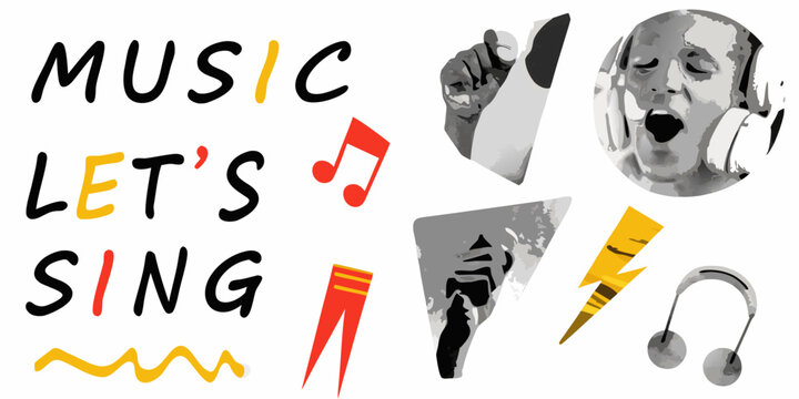 Music themed vector collage with lyrics musical notes and singer illustration