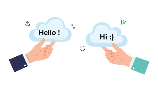 Two hands holding speech clouds with the words hello and hi for social communication concept and friendly business greeting.