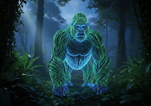 Futuristic Neon Gorilla in Deep Jungle Night, Bioluminescent Digital Art of a Cybernetic Ape in Tropical Rainforest