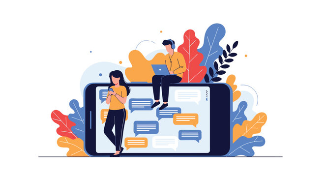 Young people interacting with a large mobile phone screen full of chat bubbles for social media and online communication.