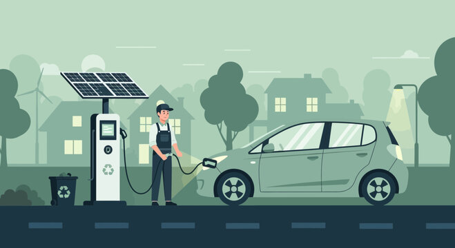 Electric Car Charging Station with Solar Panels and a Worker in a Residential Area
