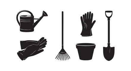 Black silhouette collection of garden tools with watering can shovel rake and gloves isolated on white background image. © Md