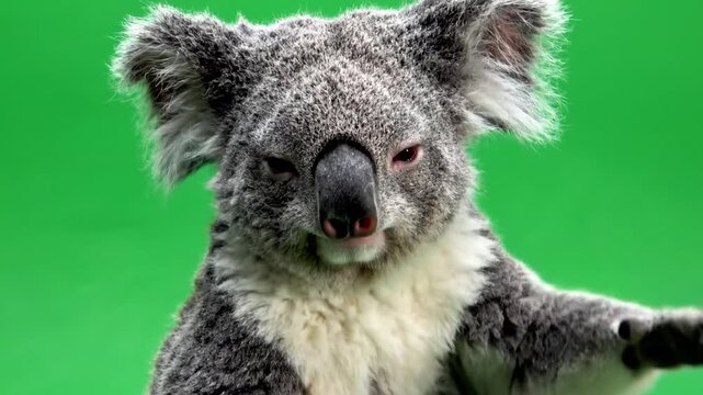 A cute koala bear with grey fur holding onto a brown tree branch against a vibrant green background.