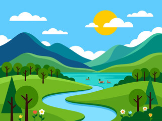 Obraz premium Vibrant Flat Vector Nature Landscape with Mountains, Winding River, Lake, and Sun; Minimalist Summer Countryside Illustration for Background and Web Design