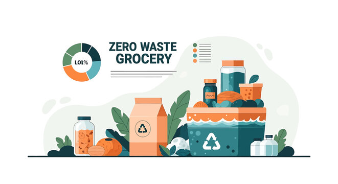 Zero waste grocery shopping concept illustration.