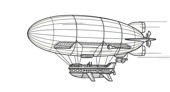Vintage airship illustration in black and white flying through sky  