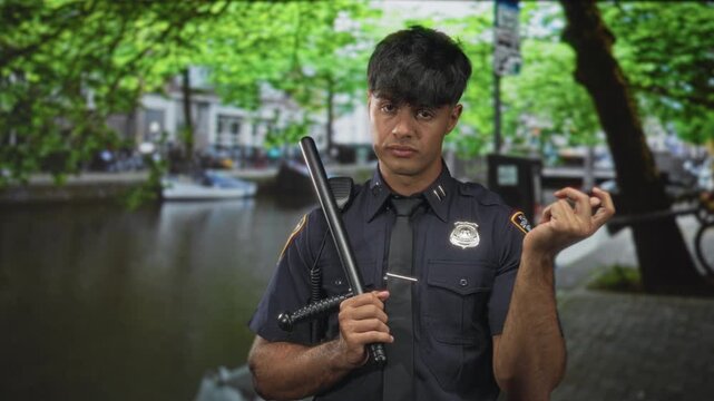 Man police holds baton and adjusts tie on street canal walkway beside moored boats and trees, steady stance and focused gaze; duty vigilance.