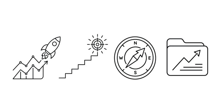 Rocket, stairs, compass, and folder icons showing business growth and direction.