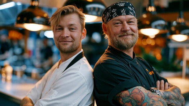 Veteran chef and culinary apprentice standing back to back in industrial kitchen, problem solution tension visible as expeditor calls orders, candid unposed moment of mentorship under pressure, stai