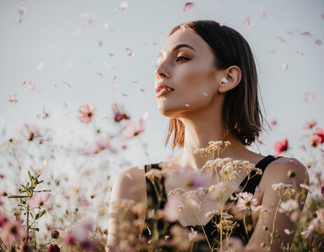 Romantic portrait of a beautiful woman in soft natural light with elegant expression. Feminine beauty and emotional lifestyle concept ideal for fashion and wellness themes.
