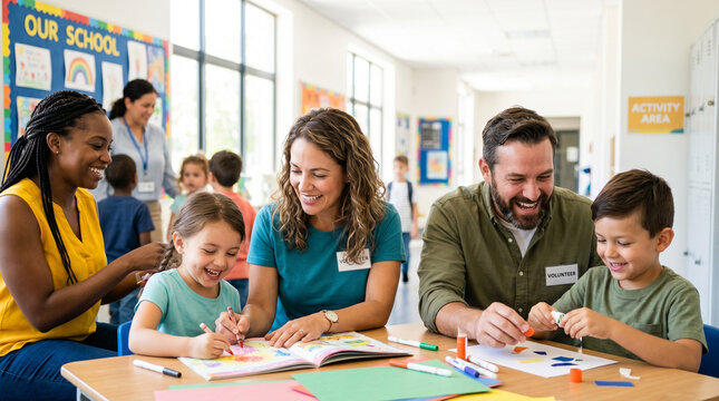 Parents volunteering at school while helping children with crafts  