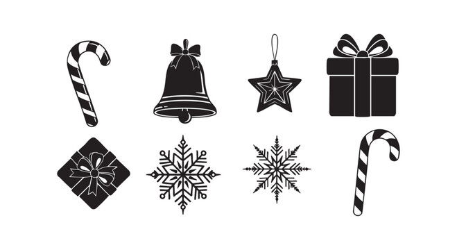 Christmas holiday icons collection with candy cane and bell ornament plus star snowflake and gift box on white background.