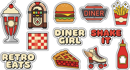 Naklejka premium A colorful illustration of a diner scene with various food items and nostalgic objects.