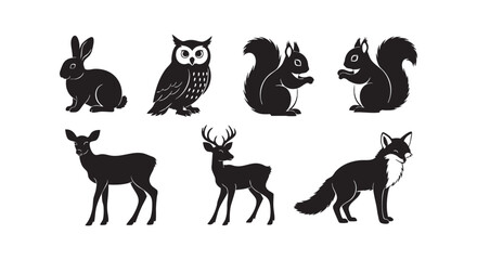 Fototapeta premium Set of wild animal silhouettes including rabbit owl squirrel deer fox isolated on white background for design graphic art.