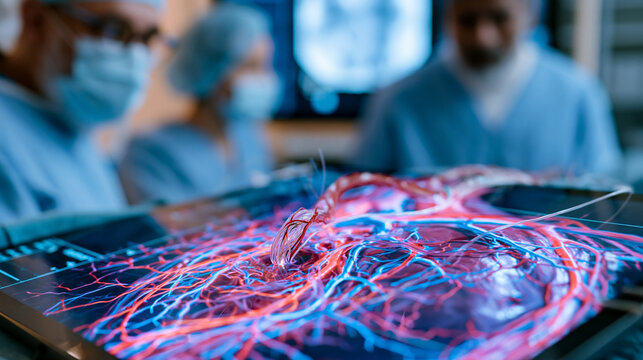 Close up of soft robotic catheter guidance system threaded through anatomical model in interventional radiology suite, radiologist and scrub nurse reviewing fluoroscopy screen as flexible micro actu