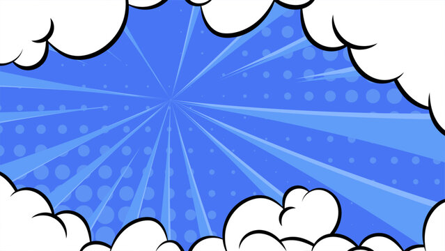 Vibrant blue comic book style background with white clouds and rays