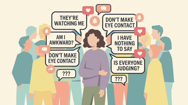 Woman Feeling Social Anxiety and Insecurity Surrounded by People with Judgemental Speech Bubbles Flat Vector Illustration