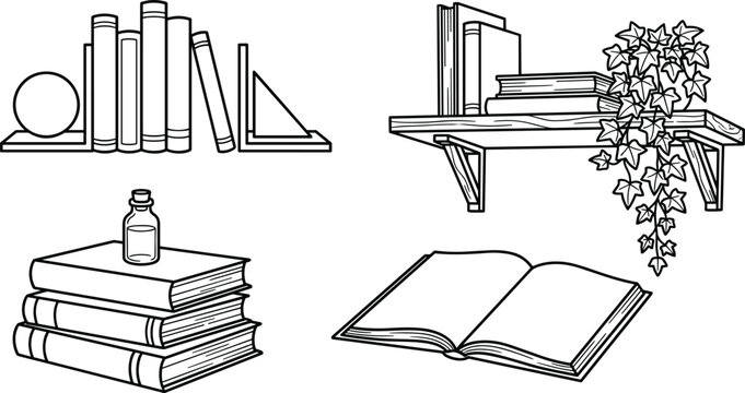 Books and wooden bookshelf line art vector icon set featuring library textbooks open book stack and hanging ivy plant