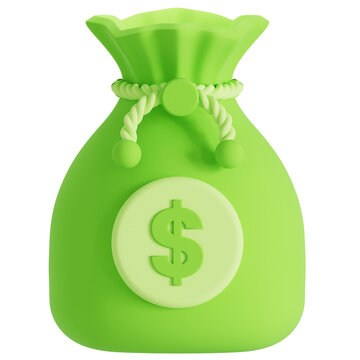 Green 3D money bag icon with dollar sign