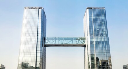 Fototapeta premium Glass skybridge connecting twin corporate towers under a clear sky for architectural marketing.