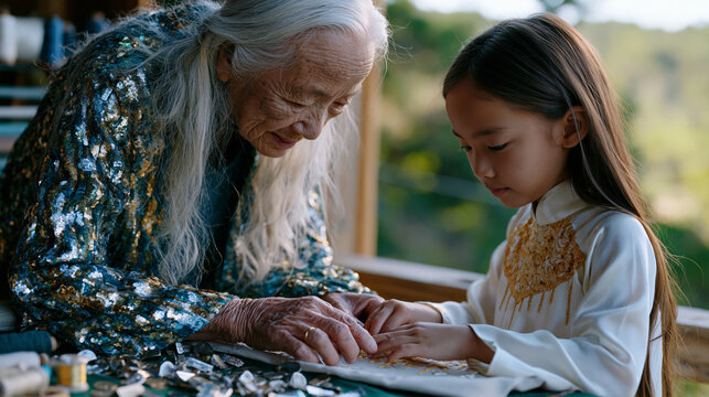Elderly Vietnamese seamstress guides her granddaughter's hands through the embroidery of a traditional ao dai collar pattern, thimbles and thread spools scattered across a low worktable beside a win