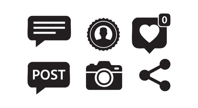 Social media icons set for communication and engagement including chat profile like post camera and share buttons.