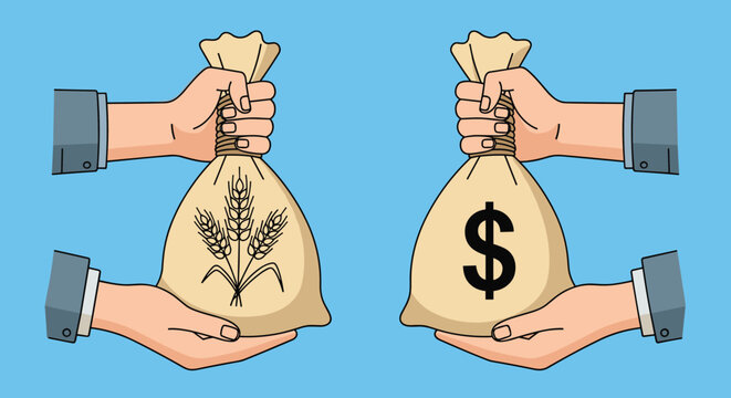 Symbolic illustration of bartering and trade with hands exchanging a sack of wheat and a bag of money for an economic concept.
