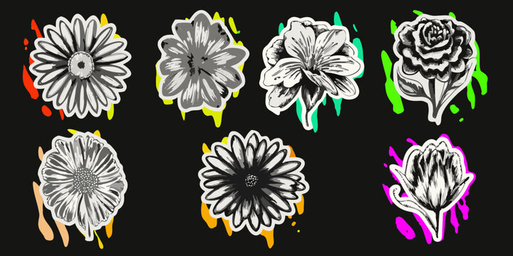 Floral Illustrations With Colorful Drips Sticker Style Vector Graphics