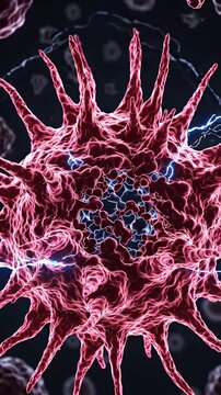 Cancer Cell Mutation with Electrical Energy Surge - A pink, spiky cancer cell is depicted in close-up, pulsating with internal energy.
