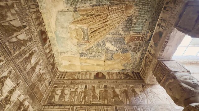 The goddess Nut, personifying the sky and protecting the dead on their way to the afterlife. Bas-reliefs inside the ancient temple complex of Dendera, Qena, Egypt.