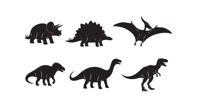 Dinosaur silhouette collection featuring triceratops stegosaurus pterodactyl tyrannosaurus rex and herbivore prehistoric.