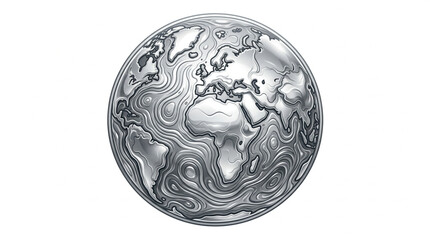 Abstract metallic globe with continents and swirling patterns. © Bang