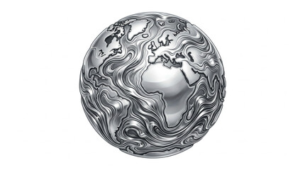 Abstract Metallic Globe with Earth Continents Detailed Surface. © Bang