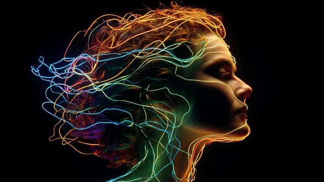 Profile Portrait with Vibrant Light Trails Surrounding Head in Dark Studio
