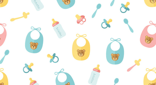 Seamless pattern features various baby essentials including bibs with teddy bears, bottles, pacifiers, and spoons in a soft pastel color palette.