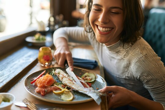 Dining Experience: Woman Preparing Fish Dish at Table
