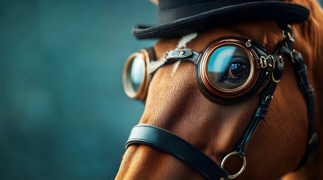 A horse adorned with steampunk goggles, embodying a distinctive and imaginative style