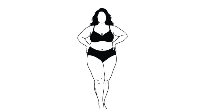 Black and white illustration of a plus size woman in lingerie standing confidently, promoting body positivity and self acceptance for all women.