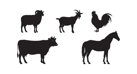 Obraz premium Farm livestock animal silhouette set with ram goat rooster cow and horse icons for agricultural business graphics vector.