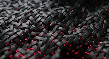 Obraz premium Intricate black woven carbon fiber mesh texture with glowing red light leaking from underneath.
