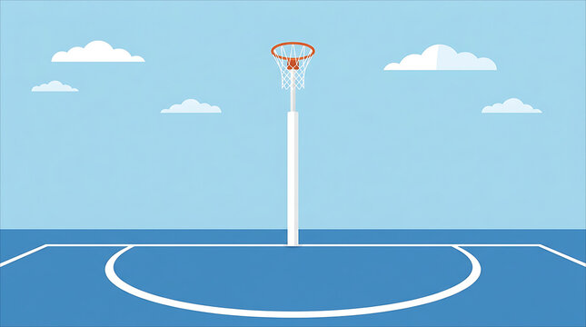 A minimalist vector illustration of a blue netball court with a single goal post against a sky background with soft clouds.