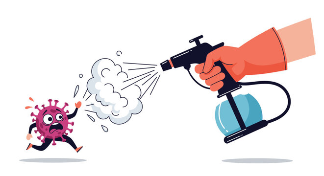 Person wearing gloves uses a spray machine to disinfect a running virus character, illustrating sanitization efforts to stop a disease outbreak.