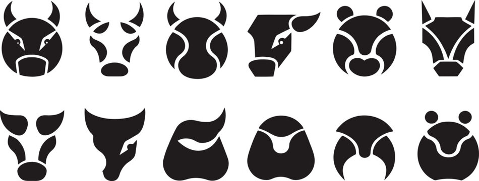 Creative bull head masks in abstract geometric style featuring stylized steer horns and buffalo face silhouettes for modern sports mascot or clothing brand identities.