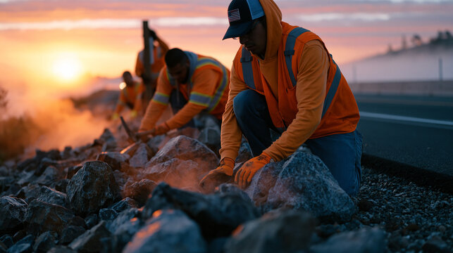 Road construction crew installing highway milestone marker at foggy sunrise, group dynamic of laborers in safety vests anchoring signpost into gravel shoulder, early morning mist rising from asphalt