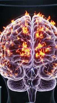 Fiery Brain Activity Neural Pathways Visualization - A detailed CGI visualization of the human brain's neural pathways, depicted with intense electrical activity represented by flames.