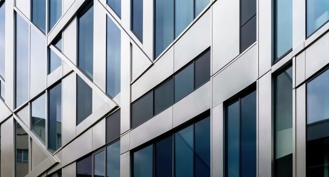 Abstract geometric building facade with metal panels for modern architectural marketing.

