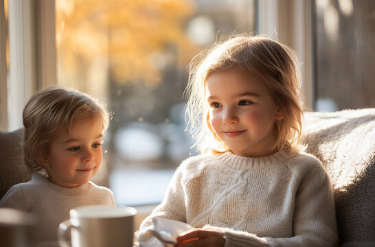 Two adorable toddlers, siblings, enjoy a cozy moment together by a sunlit window