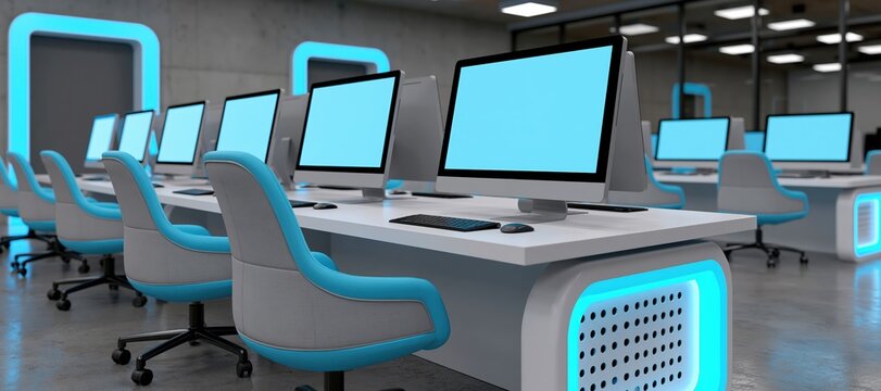 Technical assessment room with blank computer screens and empty chairs