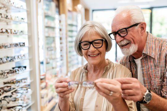 Happy Seniors Trying Reading Glasses at Pharmacy