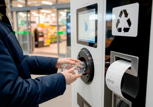 Recycling machine in supermarket with person returning plastic bottle